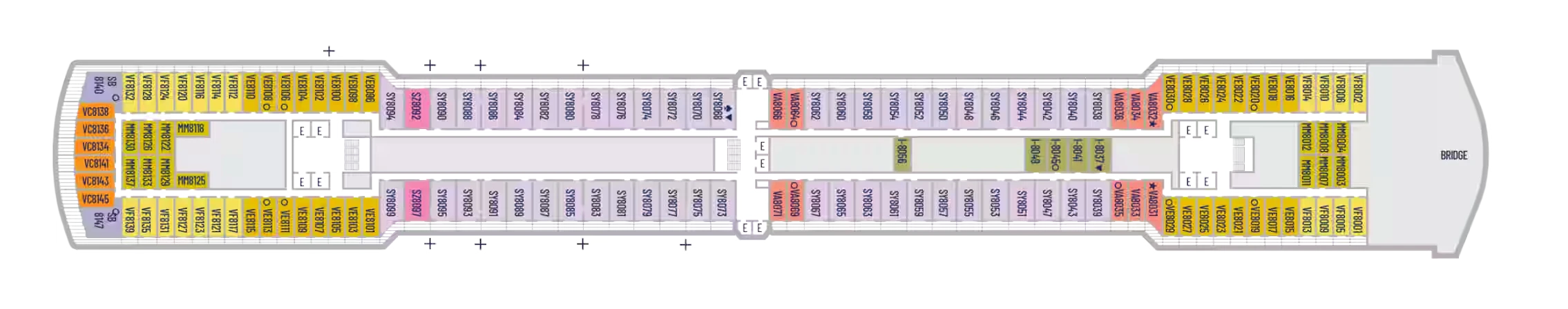 Gedetailleerde plattegrond van Dek 8 op het cruiseschip MS Westerdam van Holland America Line met hutnummers en cabinecategorieën.