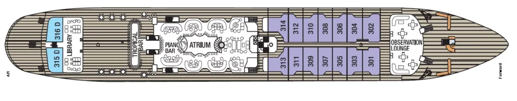 Een gedetailleerd dekplan van het Main Deck van de Royal Clipper, met de Tropical Bar, Piano Bar, het Atrium, de Library en de Observation Lounge.