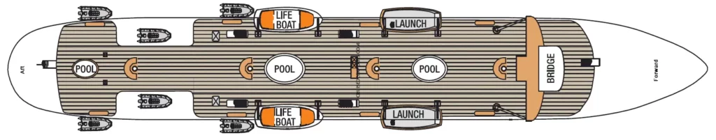 Een gedetailleerd dekplan van het Sun Deck van de Royal Clipper, met de drie zwembaden, het stuurhuis en de ruime open dekken om te zonnen.