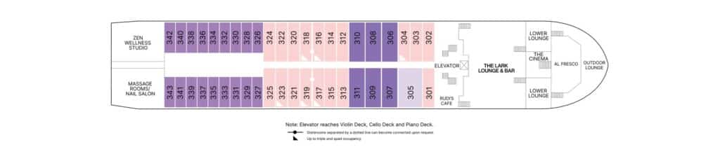 Dekplan van de AmaMagna Violin Deck met overzicht van hutten, liften en openbare ruimtes.