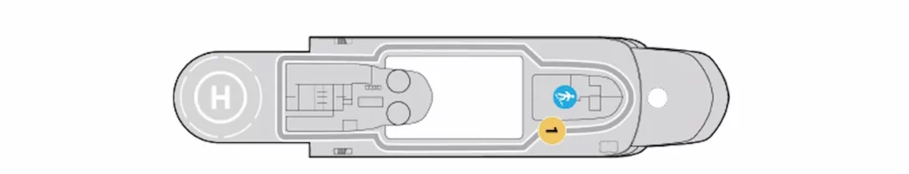 Technische plattegrond van Dek 8 van een expeditieschip, met weergave van het helikopterplatform en het observatiedek.