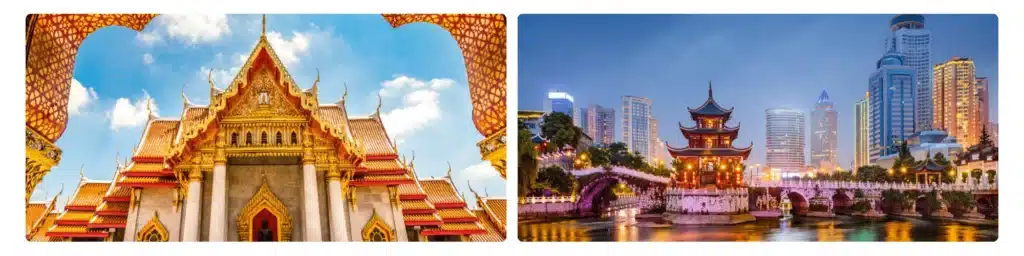 Combinatie van een traditionele Aziatische tempel en een moderne skyline als impressie van een Azië cruise