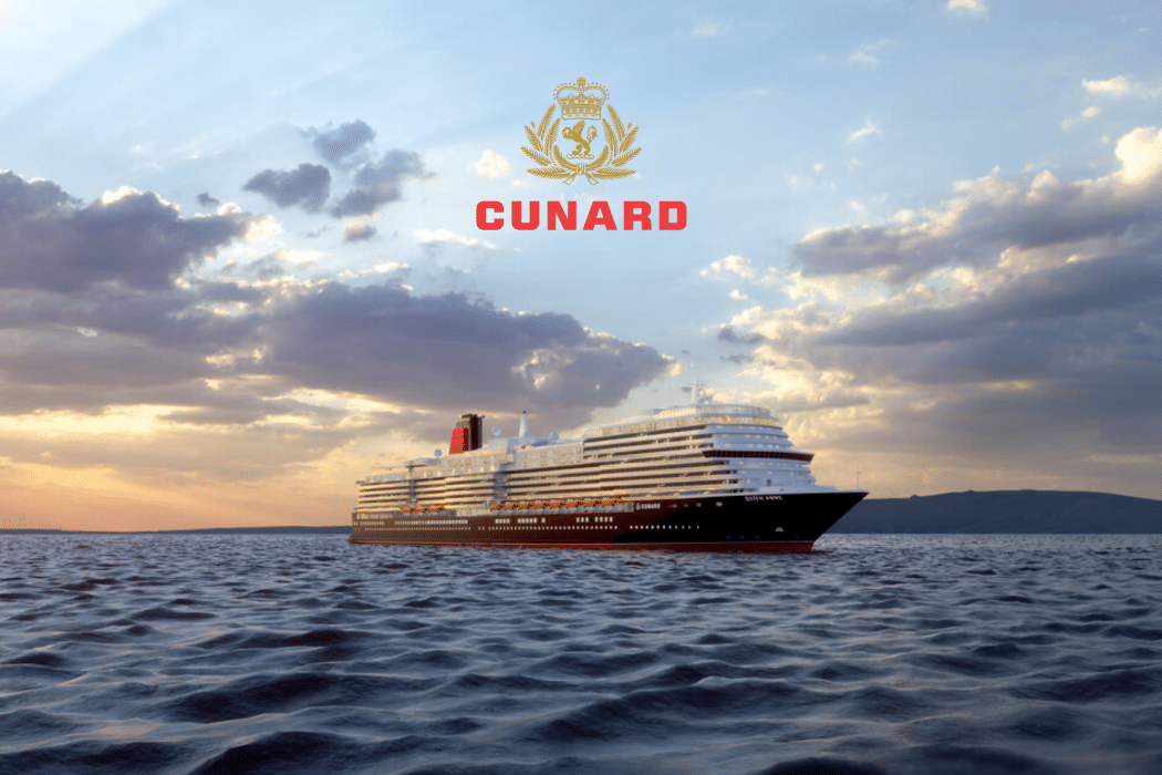 Cunard schip in het water + logo