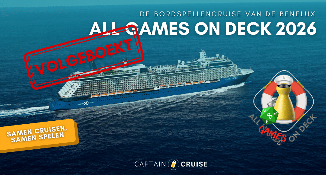 Promotionele banner van de All Games on Deck 2026 bordspellencruise met een cruiseschip en de melding volgeboekt