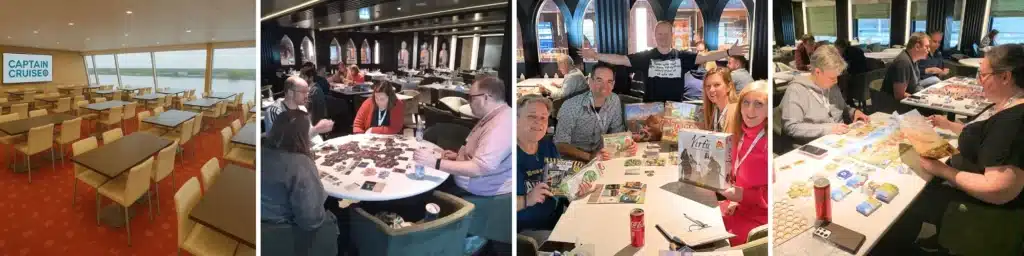 Groepen deelnemers die samen bordspellen spelen aan boord van een Captain Cruise bordspellencruise