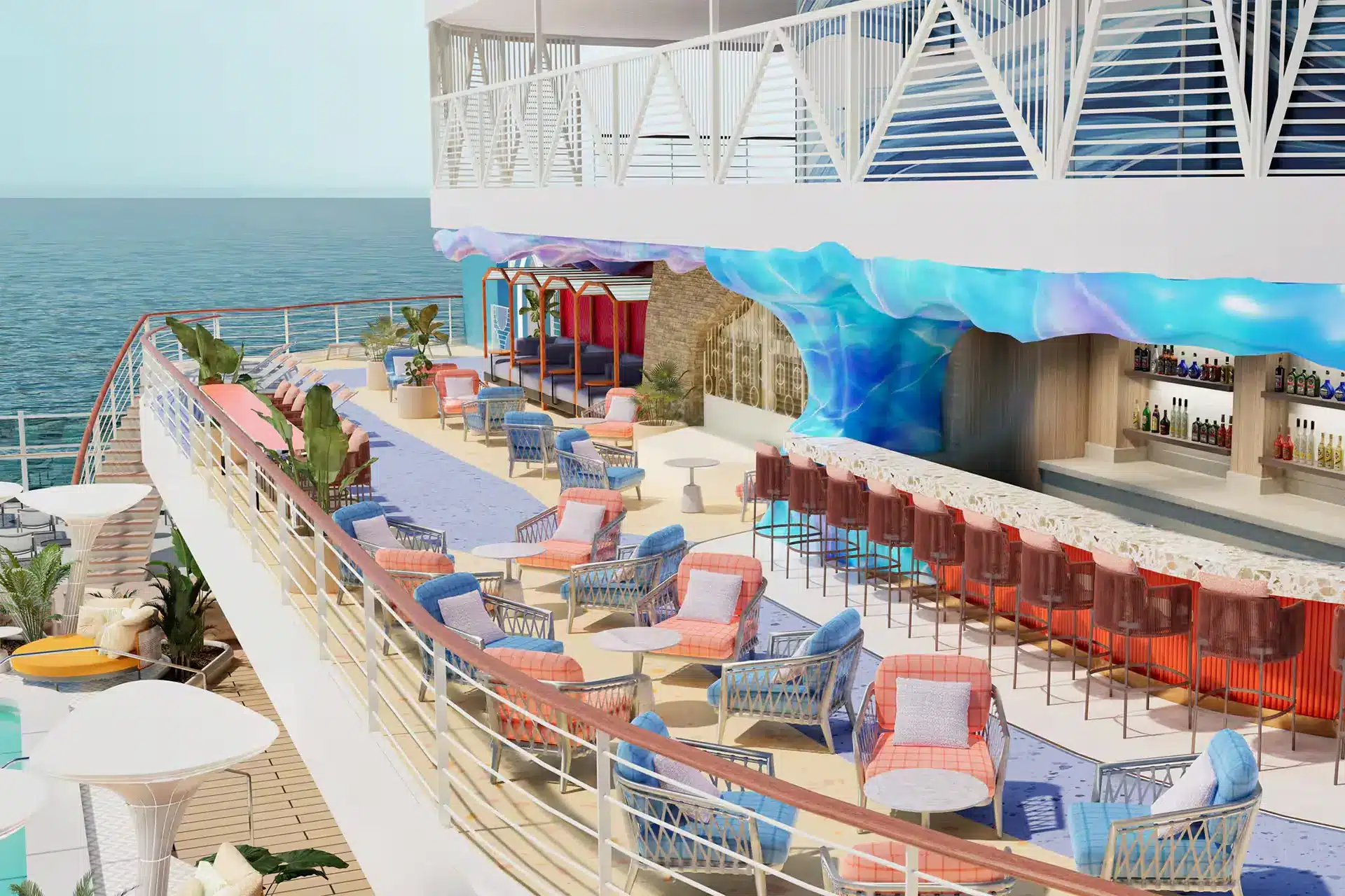 De sfeervolle Vibe Beach Club op cruiseschip Aura met een moderne bar, kleurrijke lounge-stoelen en een open terras met zeezicht.
