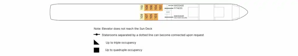 Plattegrond van het Piano Deck van een AmaWaterways cruiseschip met hutnummers 102 tot 110, de fitnessruimte en massageruimtes.