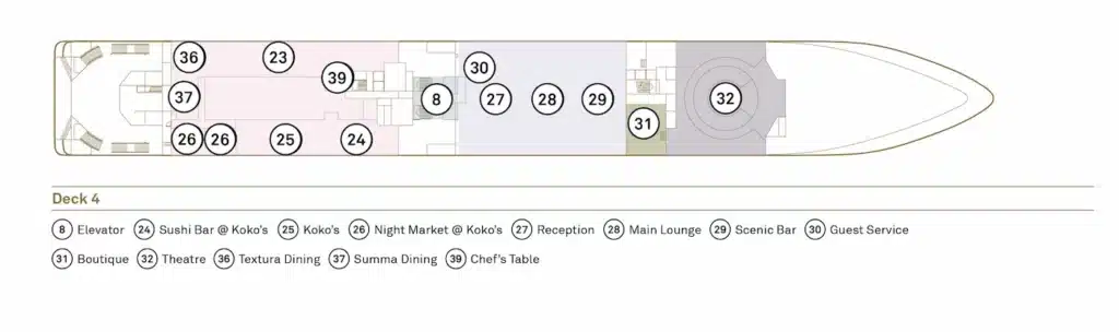 Gedetailleerde plattegrond van Deck 4 op de Scenic Ikon met locaties van Koko's, het theater en de receptie.