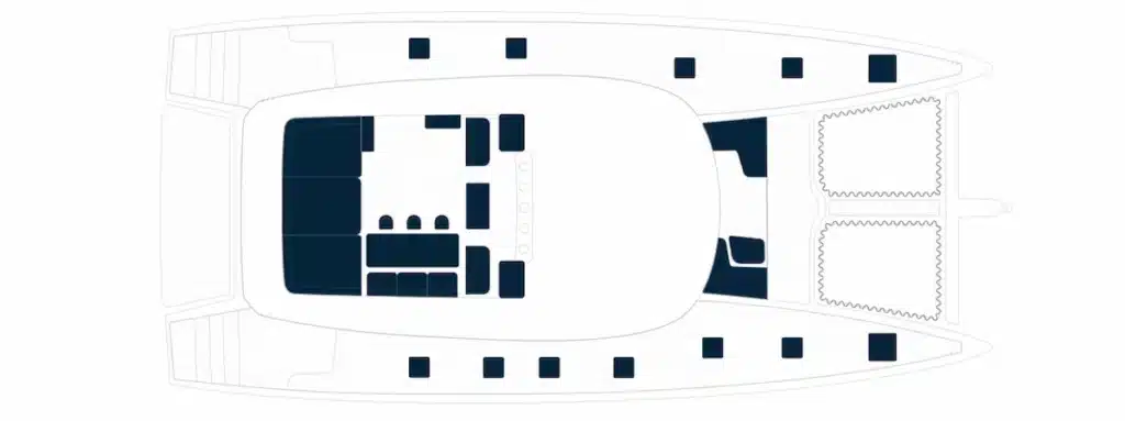Technische tekening van het bovendek en de flybridge van een luxe catamaran, inclusief de indeling van de zithoek en het loungegedeelte.