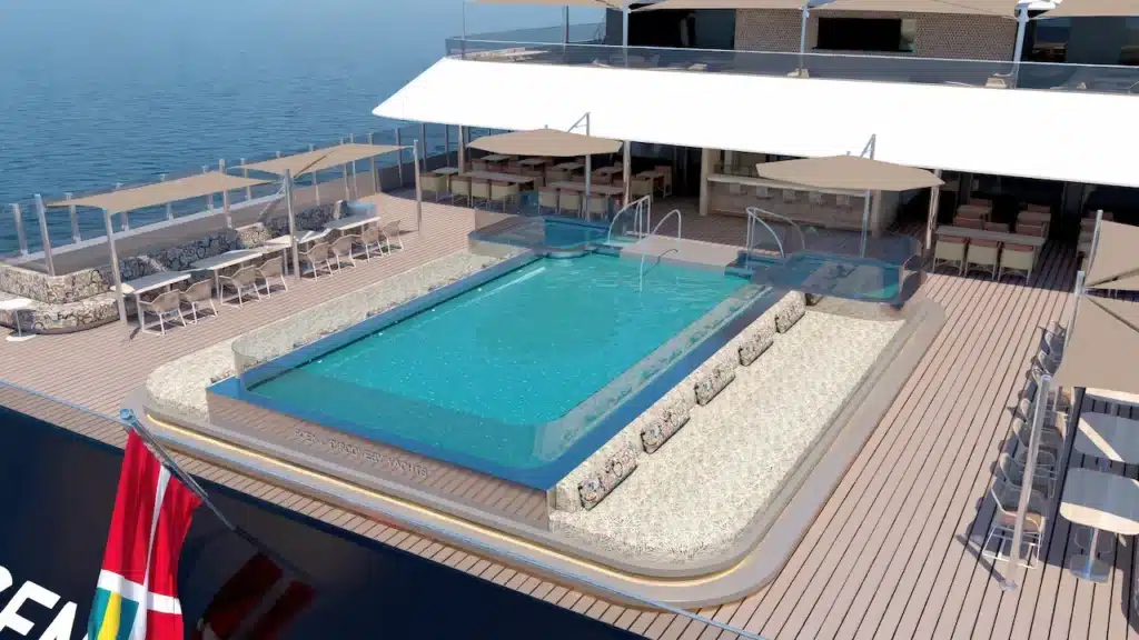 Luchtfoto rendering van het zwembad en buitenterras op de Scenic Ikon met loungeplekken en de Yacht Club Bar.