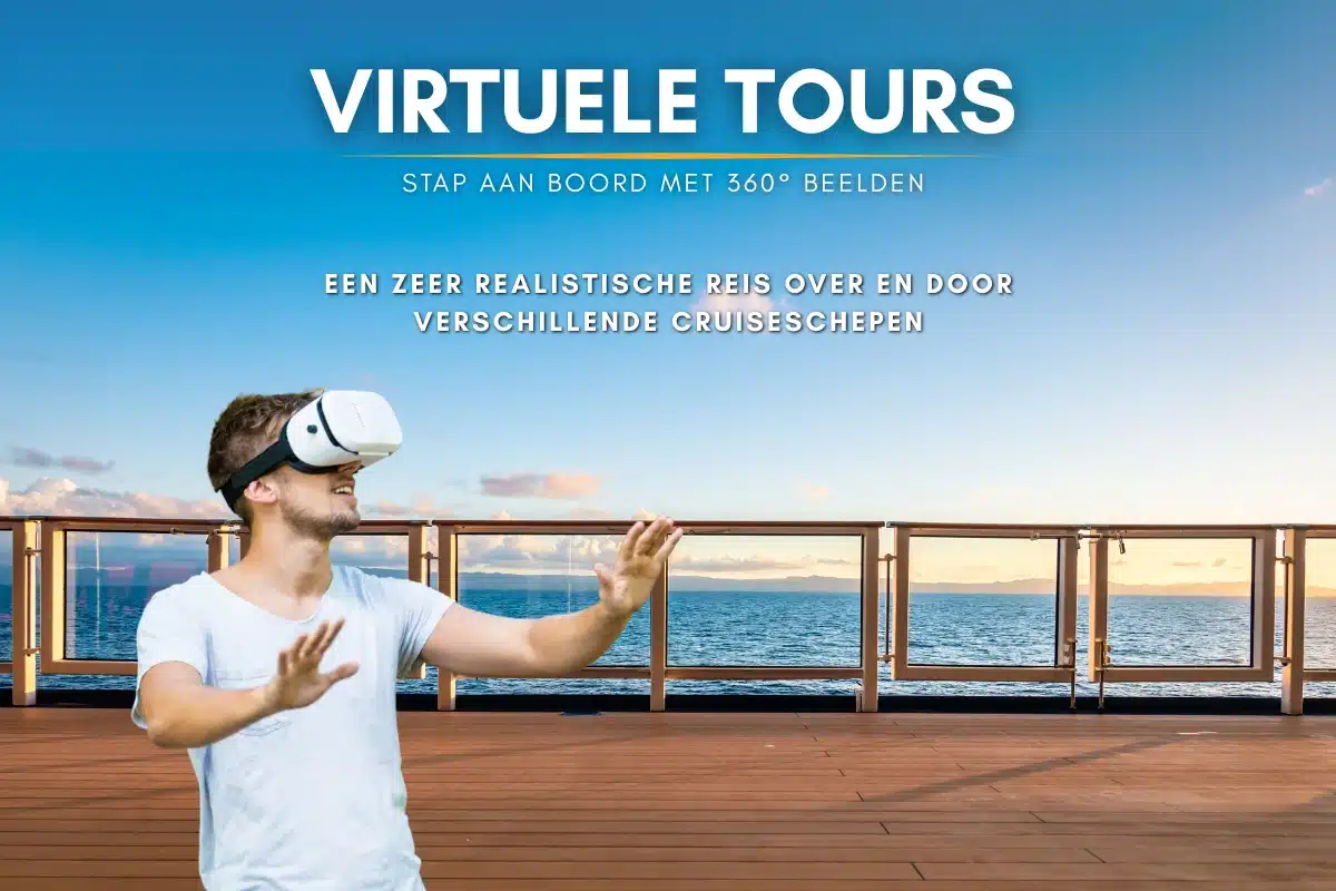 Persoon met VR bril ontdekt virtuele tour op cruiseschip met 360 graden beelden